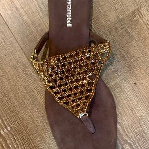 Jeffery Campbell- Brown suede with Bronze bejeweled sparkly thong sandals
